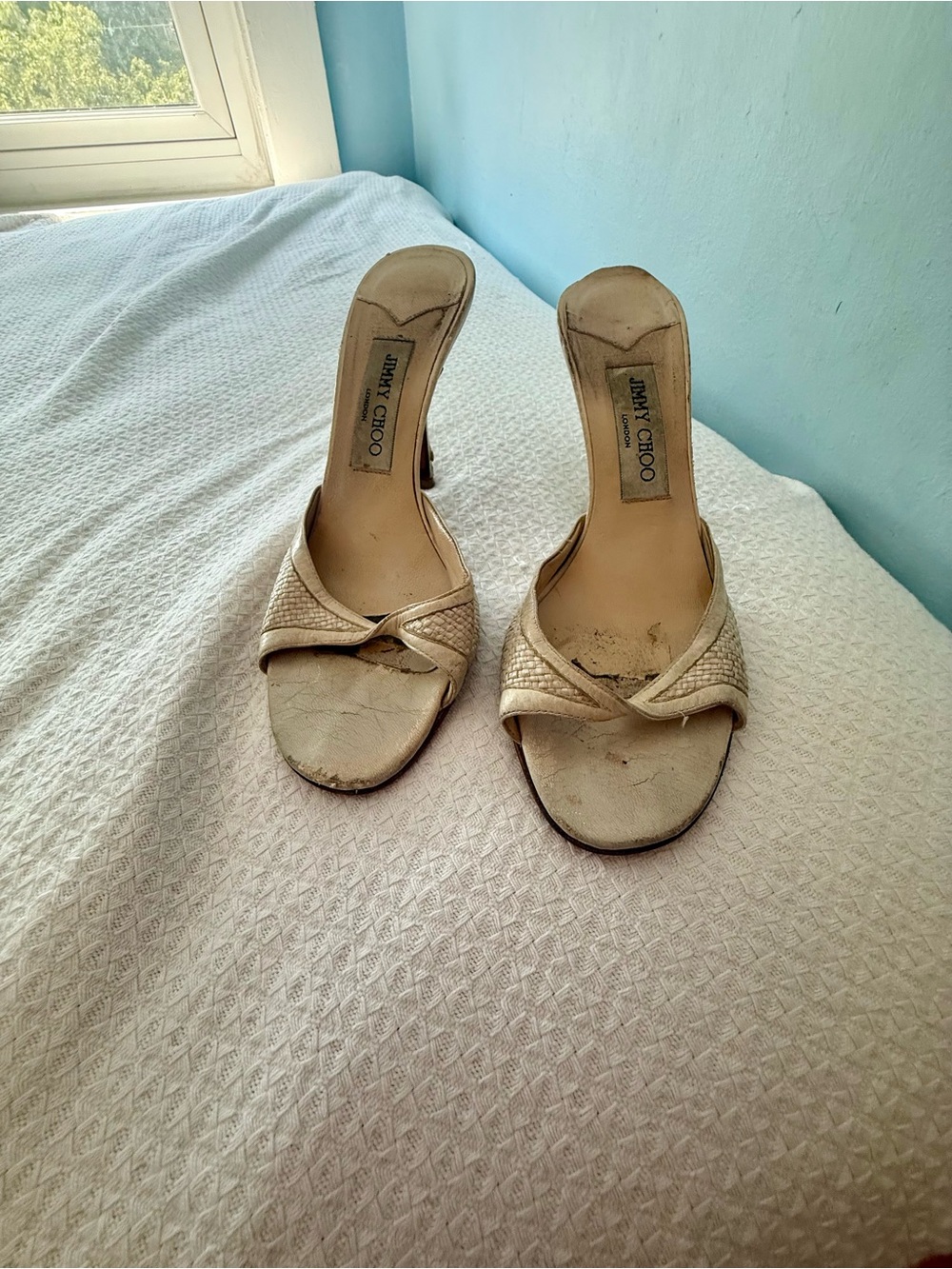 Jimmy Choo Cream Open-Toe Heeled Slides